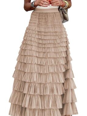 Tiered Ruffle Maxi Skirt - Beige